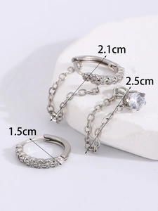 Detailed silver hoop earrings with pave cubic zirconia stones and delicate double chain