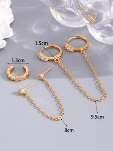 Detailed dimensions of 14K gold plated earring set with micro-pave zircons and long chains