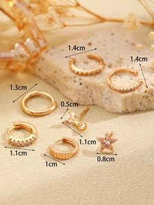 Detail of 7pcs 14K gold plated hoop and stud earrings set with zircon and size markings