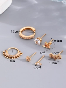 Detailed view of 6-piece 14K gold-plated earring set with cubic zirconia and dimensions