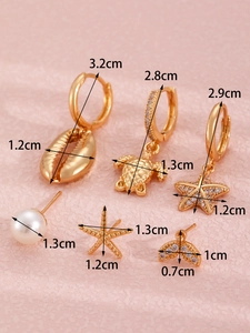 Detailed dimensions of 6-piece 14K gold marine earrings with pearls and crystals