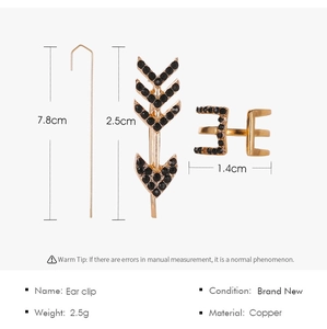 Detailed size specifications for 14K gold-plated copper ear clips with black zircons