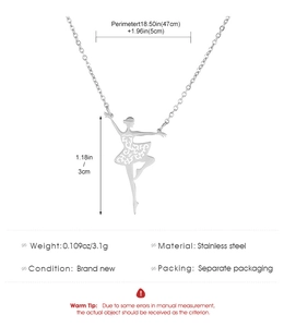 Detailed specs of stainless steel ballerina pendant necklace with measurements and weight