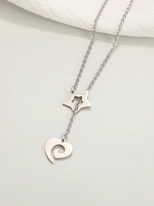 Detail of silver stainless steel necklace with hollow star and heart-shaped spiral pendants