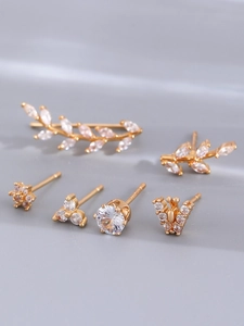 Close-up of 6pcs 14K gold-plated earring set with zircon leaf and butterfly studs