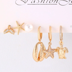 6-piece 14K gold marine earrings set with starfish and turtle pendants and pearls
