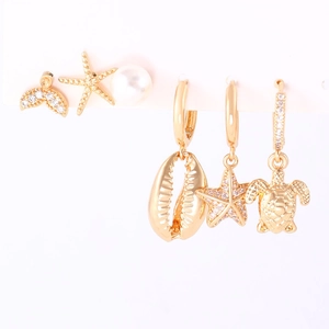 6-piece 14K gold marine earrings set with starfish and turtle motifs in cubic zirconia