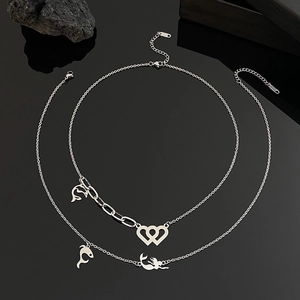 Hip-hop style double-layer stainless steel necklace with heart and dolphin charms