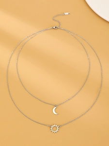 Double-layer stainless steel necklace featuring crescent moon and sun ray pendants