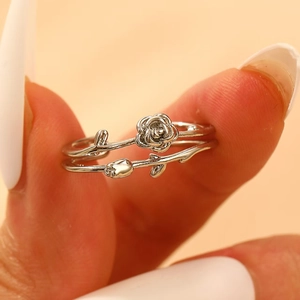 Elegant silver rose flower ring with vine-shaped band and bud detail for women