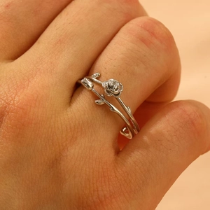 Silver rose flower wrap ring for women with adjustable open band on hand