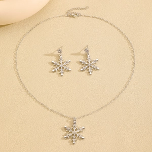 Detailed view of silver snowflake jewelry set featuring crystal necklace and earrings
