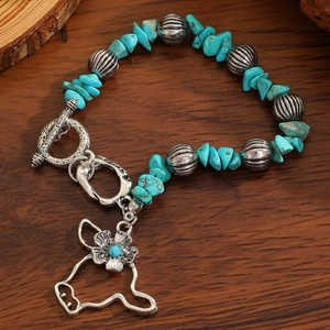 Detailed view of turquoise stone bracelet with vintage bull head charm and OT clasp