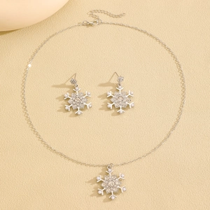 Macro shot of sparkling snowflake jewelry set with silver rhinestones and white pearls