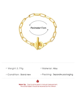 Detail view of golden paperclip chain bracelet with OT toggle clasp and product dimensions