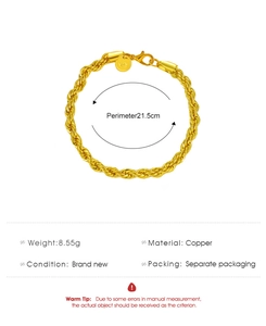 Detail view of gold rope chain bracelet showing 21.5cm length and 8.55g weight specs