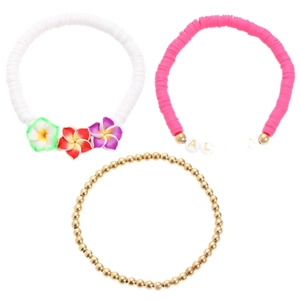 Set de 3 pulseras elásticas bohemias con cuentas Heishi, flores de frangipani y cuentas oro