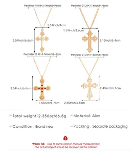 Detailed size chart with dimensions for four different crystal cross pendant necklaces