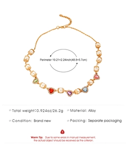 Detailed size chart for the gold-plated necklace with colorful heart-shaped gems