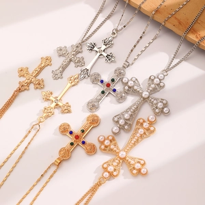 Vintage gold and silver cross necklaces with colorful gems and pearls jewelry set