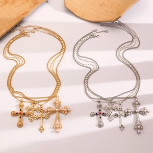 Vintage multi-layer cross pendant necklace with colorful gems and faux pearls