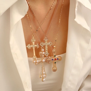 Vintage Baroque Cross Pendant Necklace For Women Gold Silver Plated Faux Artificial Pearl Colorful Rhinestone Layered Gothic Jewelry