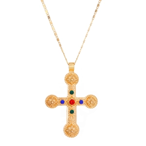 Gilded cross necklace with colorful gemstones and vintage floral relief patterns