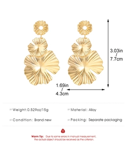Detailed size specifications of large triple-layer golden petal earrings in alloy
