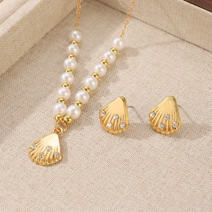 French vintage shell and pearl jewelry set with sparkling rhinestones in a gift box