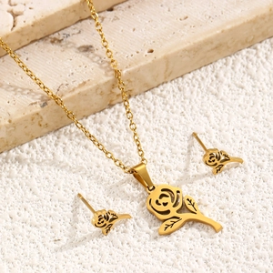 Vintage gold stainless steel rose flower jewelry set with necklace and stud earrings