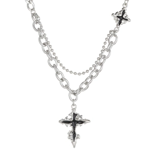 Gothic-Punk doppelreihige Silberkette mit schwarzem Kreuzanhänger für Damen Schmuckset