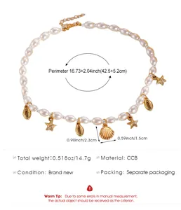 Size chart showing seashell necklace dimensions and pearl starfish pendant measurements