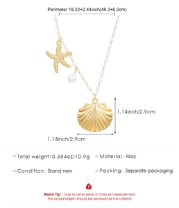 Detail view of Bohemian shell necklace with dimensions and materials info