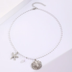 Detail of seashell and starfish pendants on a pearl beaded necklace with silver chain