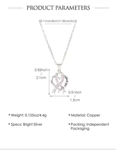 Dimensions détaillées du collier cœur argenté avec Love Life Hope et zircon rose