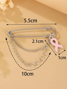 Detail of silver brooch with pink awareness ribbon pendant and sizing measurements