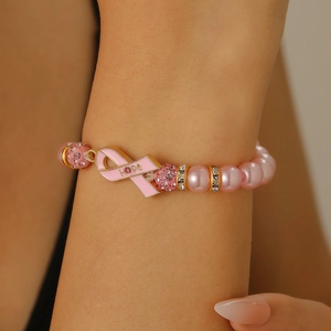 Bracelet ruban rose Hope avec perles et cristaux pour la sensibilisation au cancer du sein