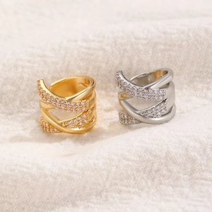 Crossed layered gold and silver ear cuffs with zircon pavé setting for women