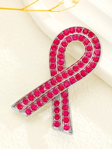 Exquisite pink ribbon brooch with silver base and fuchsia rhinestones for breast cancer care