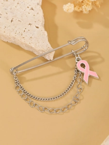 Pink ribbon breast cancer awareness pin with silver chains and polished finish detail