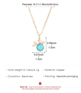 Detailed size chart of golden hummingbird pendant with turquoise bead and copper chain