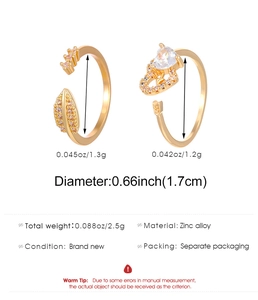 Detailed specs of gold arrow heart rings showing 1.7cm diameter and zinc alloy material