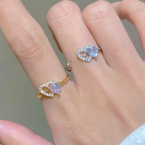 Adjustable open heart rings with purple and blue stones in gold and silver plating