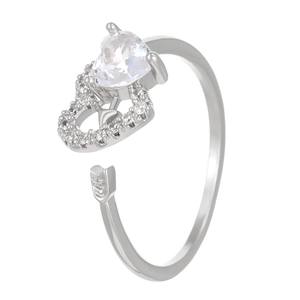 Close-up of heart-shaped zircon stone with Cupid's arrow design on adjustable silver ring