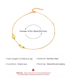 Detail specifications of golden sun and moon stainless steel necklace with size parameters