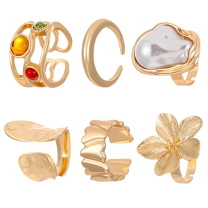 Baroque vintage 6-piece gold ring set with colorful gemstones and pearls in floral style