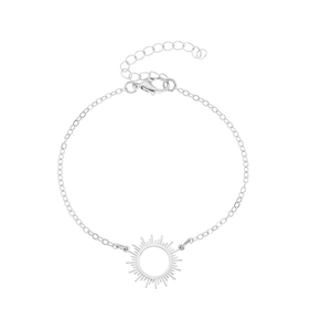Detailed shot of silver sunburst pendant bracelet with lobster clasp and extension chain