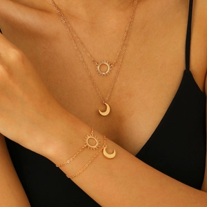 Sun Moon Pendant Jewelry Set For Women Double Layer Stainless Steel Copper Necklace Bracelet Celestial Fashion Accessories