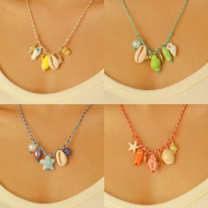 Collana con Pendente a Forma di Stella Marina e Conchiglia Boemia Corda Intrecciata Colorata Pesce in Ceramica Gioielli da Spiaggia