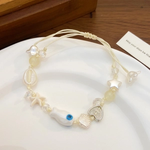 Summer ceramic fish beaded bracelet with starfish and shell charms on woven rope